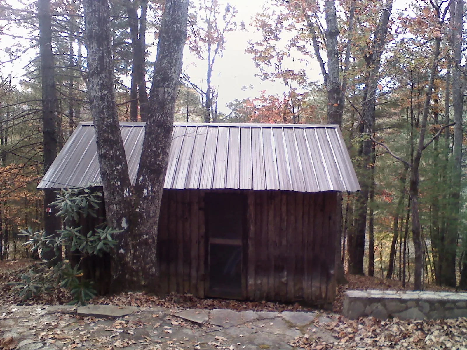New metal gable roof on a small log shed among the trees in Woosung